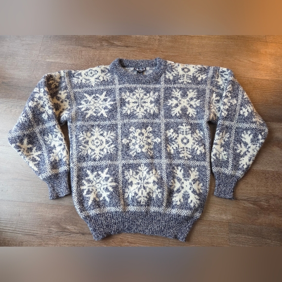 Vintage Nautica 100% Shetland Wool Snowflake Chunky Knit Grandpacore Sweater Men